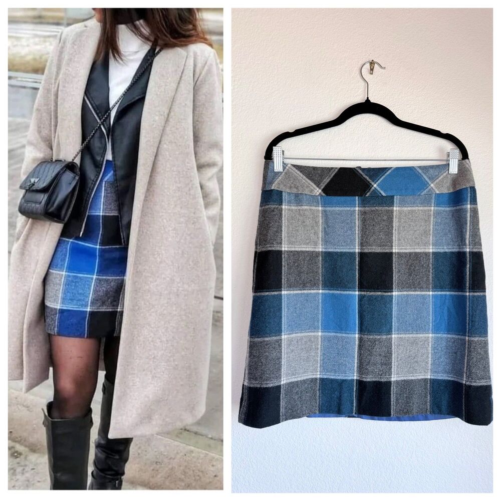 Talbots Wool Blend Plaid Straight Skirt Blue Gray NWOT Size 10 Preppy Academic